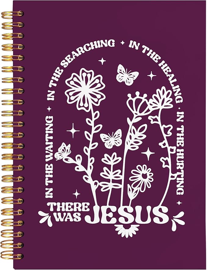 BearCake Boho Floral Christian Notebook Journal, Christian Gifts for Women, Bible Notebooks for Note Taking, Bible Journaling Notebook, There Was Jesus Hardcover Spiral Notebook 5.5x8.3 Purple 1