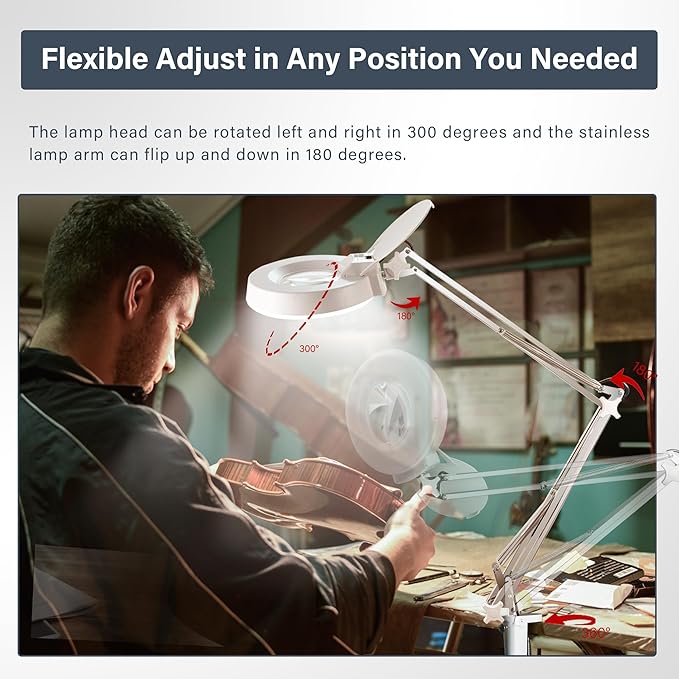 10X Magnifying Glass with Light and Stand,Desk Lamp with Real Glass Magnifier,Adjustable Stainless Steel Bracket Clip on,Lighted Magnifying Glasses for Close Work, Reading, Crafts, Jewelry, Sewing