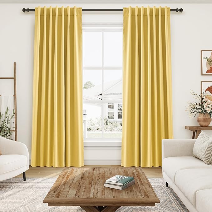 Nanspring Gold Yellow Linen Blackout Curtains 108 Inches Long Loop Pocket Rod Pocket Cooling Noise Reducing 100% Blackout 2 Panels Set for Bedroom Neutral Rustic Curtains Drapes 52x108