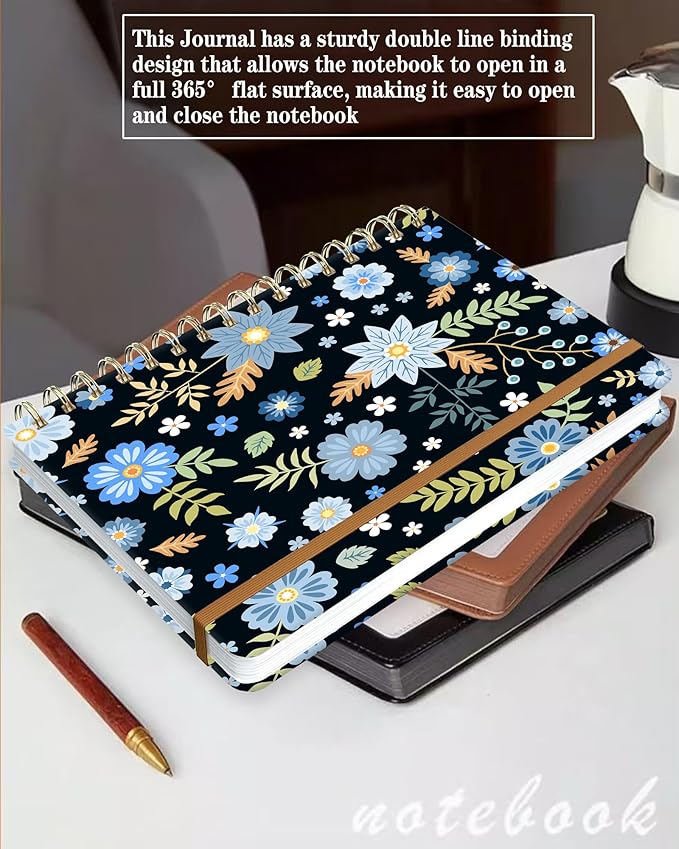 Spiral Journal Notebook for Women, Hardcover A5 College Ruled Notebook, 120 Pages, Thick Paper, Cute Lined Journal for School, Office & Work, 6 x 8.4 in(Blue Garden Flower)