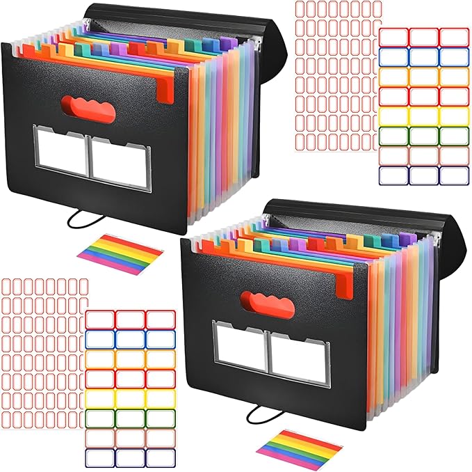 25 Pockets Accordion File Organizer 2 Packs Desktop Expanding File Folders with Colorful tabs for Paper Receipts, Bills&Taxes Organizer, Letter/A4 Size Document Holder for School, Office, Home