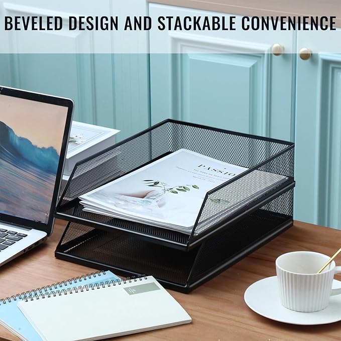 Hicarer 2 Pcs Black Metal Letter Tray Stackable Desk Tray Single Wire Mesh Organizer Front Load File Paper Holder for Desktop Office Home School Classroom (12.8 x 9.84 Inch)