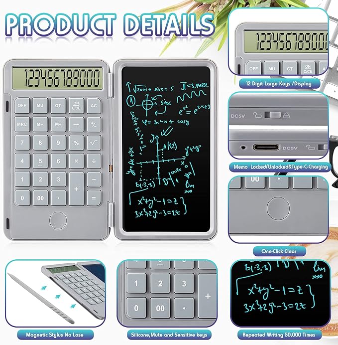 Hion Calculator,12-Digit Large Display Office Desk Calcultors with Erasable Writing Table,Rechargeable Hand held Multi-Function Mute Pocket Desktop Calculator for Basic Financial Home School (Grey)