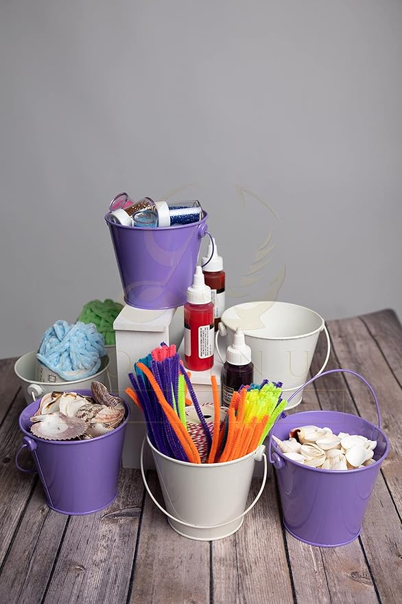 Small Metal Buckets with Handles - Leak-Proof Metal Pail Bucket - Galvanized Bucket with Handle - Multipurpose Tin Bucket for Party Favors, Organization, School, Weddings, Garden - Set of 6, Purple