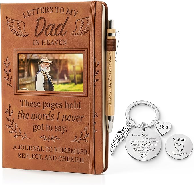 Memorial Gifts for Loss of Dad, Letters to My Father in Heaven Grief Journal with Photo Frame, Wood Pen & Angel Keychain, Bereavement Gift for Dad Remembrance