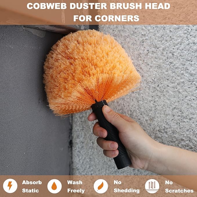 Tonmp Orange Twist-On Cobweb Duster Head Brush, Fits Standard 3/4 inch Threaded Poles, Attachment Brush, Spider Web Duster Brush for Outdoor & Indoor Cleaning - 1 Pack