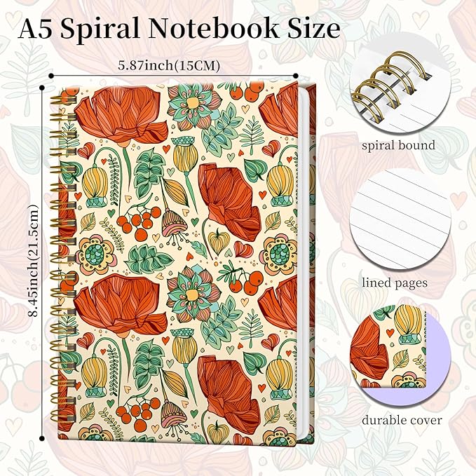 Spiral Notebook Journal for Women Men, A5 Hardcover Journal, 120 Pages Thick Paper, College Ruled Writing Notebook for School, Work & Office 8.3'' × 5.9''(Red Flower Leaf)