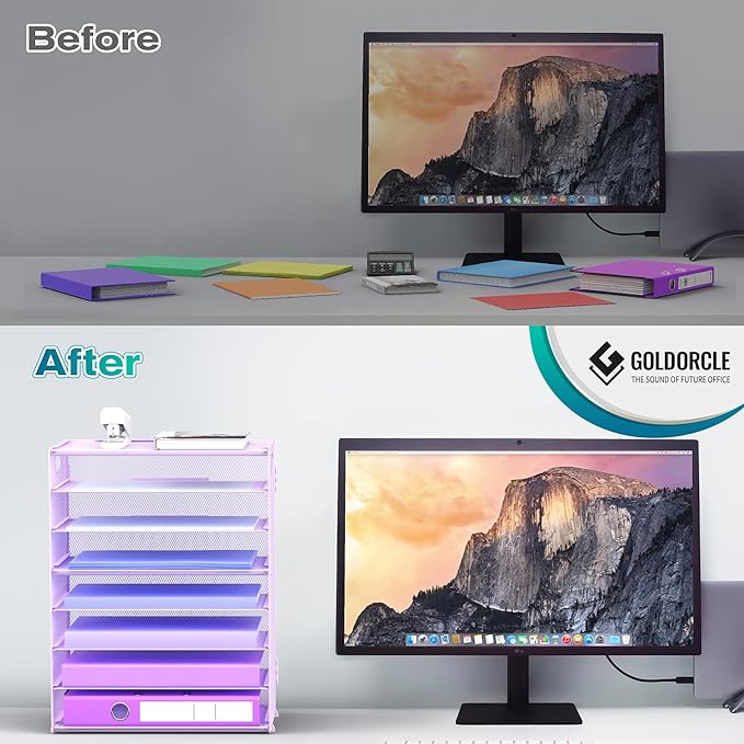 8 Tier Paper Letter Tray Organizer with Handles, Mesh Desk File Holder Storage Organization for Home School Classroom & Office (Purple)