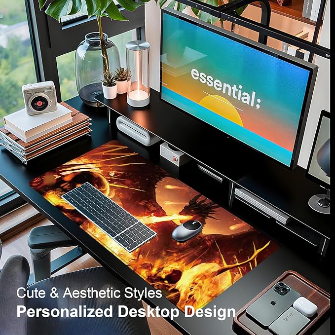 Large Desk Mat, Desk Matt for Desktop, Computer Gaming Mouse Pads, Anti-Slip Rubber Base, Stitched Edges Soft Mat for Desktop Office Home 31.5 x 11.8 Inches (Flaming Dragon)
