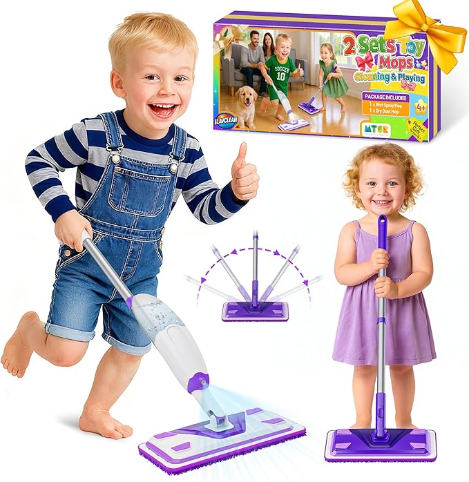ILAVCLEAN 2 Set Toy Mop for Kids - Toddler Real Spray Flat Floor Mop Montessori Cleaning Toy Set, Educational and Fun Gifts for Boys and Girls Ages 4+