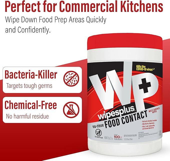 WIPESPLUS No-Rinse Food Contact Wipes Canister Multi-Surface Wipes, Unscented for Home and Business, 100, (1 Pack of 100)
