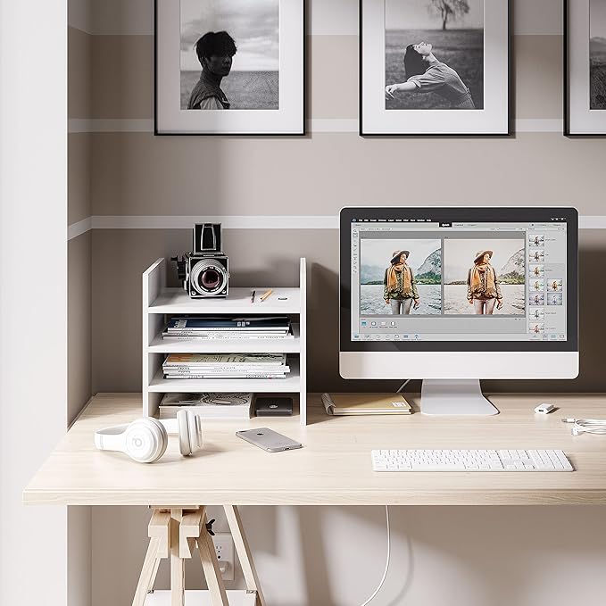 Ballucci 4-Tier Paper Sorter and File Organizer for Desk, Wood Mail Sorter, Fits into IKEA Kalax and ClosetMaid Cube Storage Shelves, Paper Tray, Mail Holder Stand for Classroom, Office, White