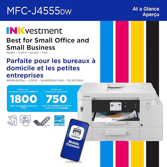 Brother INKvestment 4555 Wireless Color Inkjet All-in-One Printer with 2.7” Color Touchscreen and 2 Paper Trays | Includes Refresh Subscription Trial(1) (MFC-J4555DW)