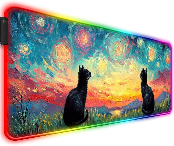 RGB Cute Black Cat Fantasy Starry Night Gaming Desk Mat, Computer Keyboard Large Extended Long Animal LED Mouse Pad for Office and Home, XL (W03)