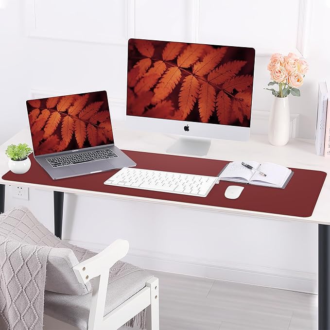 Leather Desk pad Protector, Large Desk mat with Natural Cork & PU Leather,Mouse pad,Non-Slip Office Desk Mat,Waterproof Desk Writing Pad for Office and Home (47in*17in, red)