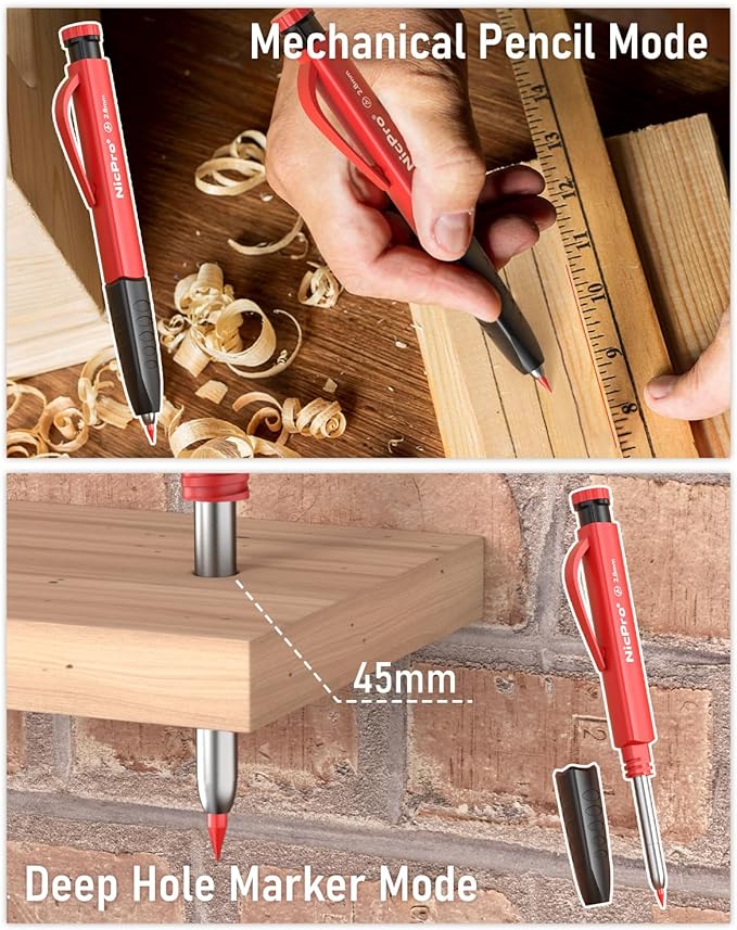 Nicpro 2 Pack Carpenter Pencil Set with Sharpener & Finger Grip, Mechanical Woodworking Pencils with 26 Refills (Red, Black, Yellow), Deep Hole Marker Heavy Duty Construction Pencils - With Case