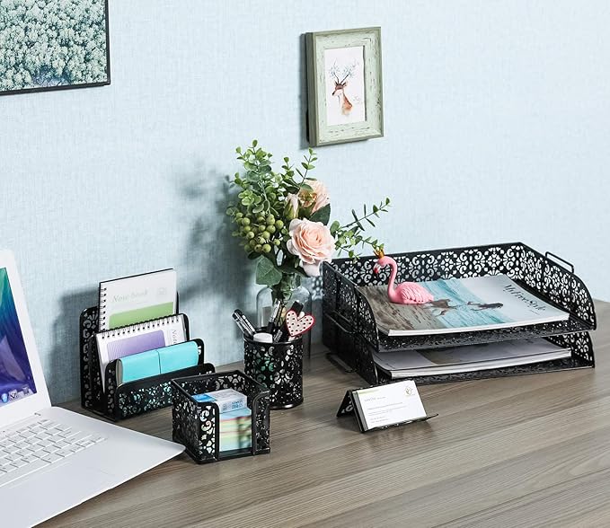 EasyPAG 5-Piece Desk Organizer Set with Carved Floral Design - No Assembly Stackable 2-Tier File Tray, Letter Sorter, Pen & Card Holders for Office/Home/Dorm, Black