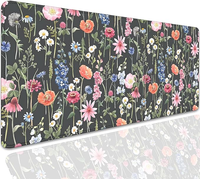 Black Background Watercolor Flowers Desk Pad Mouse Pad,Large Floral Mouse Mat with Stitched Edges,Non-Slip Rubber Base Mousepad for Office PC Keyboard Laptop and Home Work Desk Mat(27.5X11.8 in)