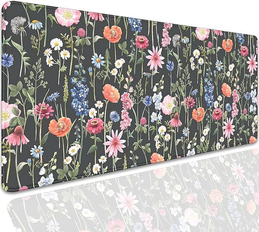 Black Background Watercolor Flowers Desk Pad Mouse Pad,Large Floral Mouse Mat with Stitched Edges,Non-Slip Rubber Base Mousepad for Office PC Keyboard Laptop and Home Work Desk Mat(27.5X11.8 in)