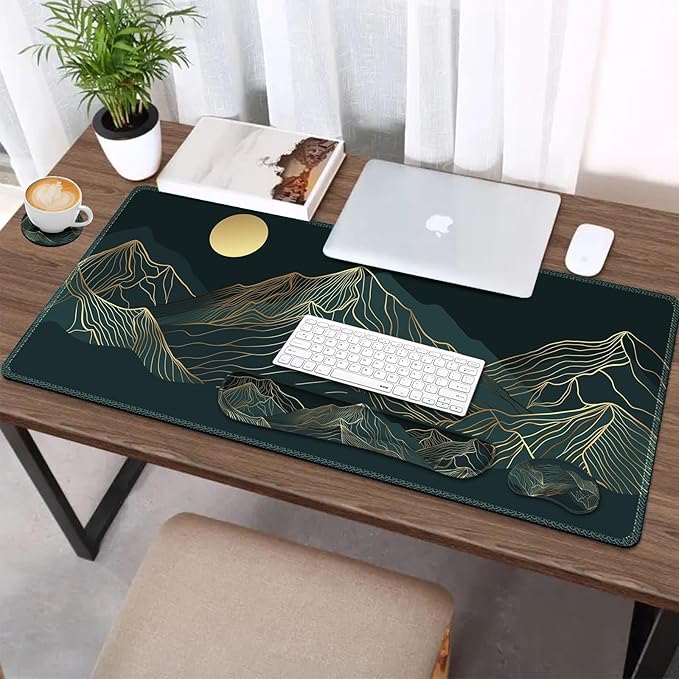 AIMSA Keyboard & Mouse Pad Set, Extended Desk Mat + Ergonomic Mouse & Keyboard Wrist Rest Support, 35x15.7in Abstract Gold Sun Mountain