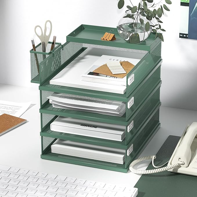 Stackable Letter Trays, 4 Tier Metal Paper Tray & Desk Organizer, Stackable File Trays for Office & Home, Multi-Functional Document Tray with Fine Grid Design & Magnetic Labels,Green