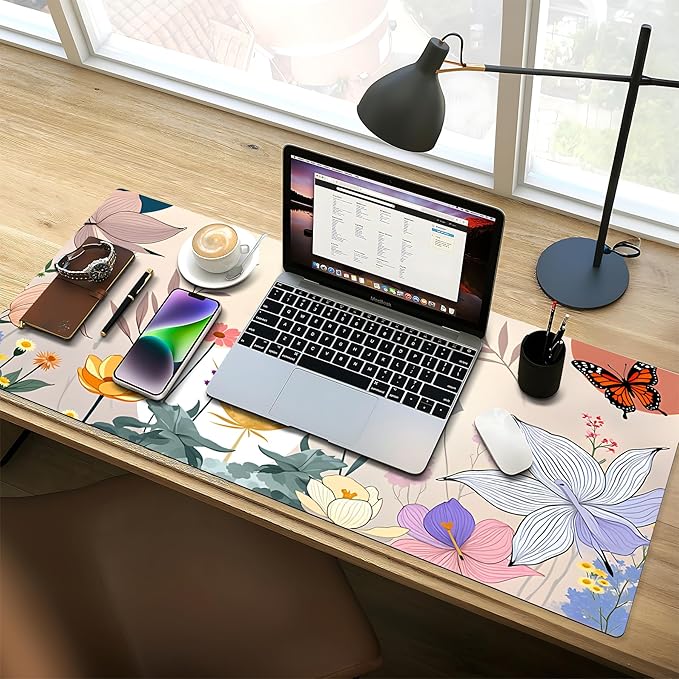 Large Gaming Mouse Pad (31.5"x11.8") - XXL PU Leather Waterproof Desk Mat with Non-Slip Rubber Base for Keyboard, PC & Office (Flower-Butterfly)