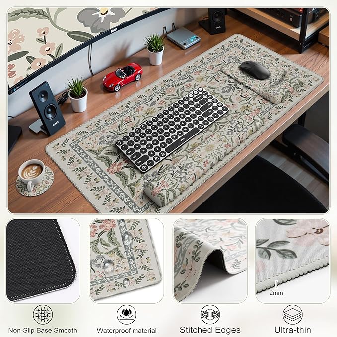 iCasso Mouse Pad with Wrist Rest,Large Desk Mat Set,Ergonomic Keyboard Pad with Wrist Support,Non-Slip Mouse Mat for Women,Cute Floral Computer Mat for Home Office Gaming (Gray Floral)