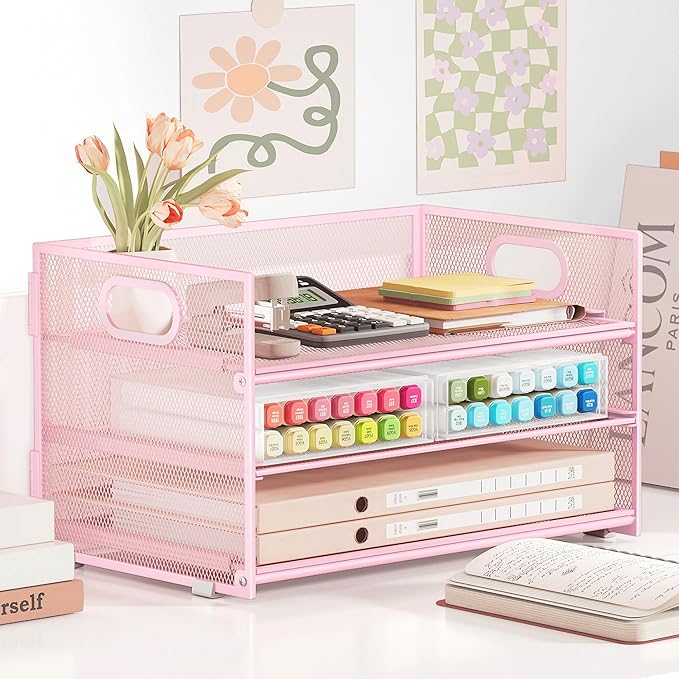 Subekyu 3 Tier Paper Letter Tray Organizer for Desk, Pink Metal Mesh File Folder Sorter Organizer with Handle and 1 PC Sliding Tray for Home Office School Desk Supplies Organization Storage