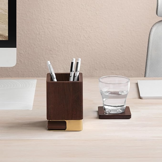 Anji Mountain Mango Wood Pen Holder with 2 Coasters, Stained Wood & Powder Coated Metal Pen Holder, Sustainable Room Decor Desk Organizer, Stylish Designer Pencil Case for Office Supplies