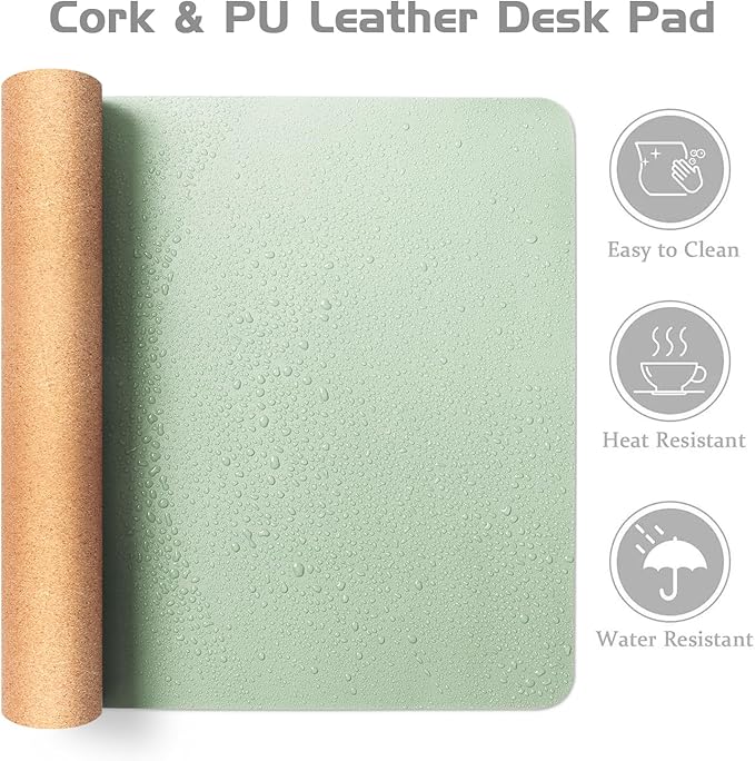 Aothia Double-Sided Desk Pad – 37.8"x17" Leather Desk Mat with Eco Cork Protector, Large Mouse Pad, Waterproof Desk Blotter for Office/Home (Aqua)