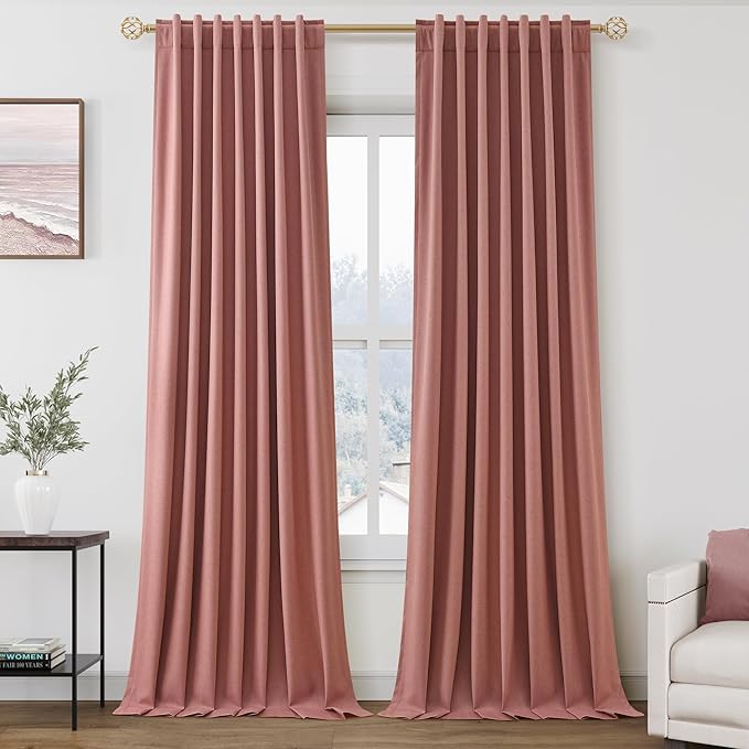 Blackout Linen Curtains 90 Inch Length 2 Panels Canyon Rose Rustic Farmhouse Back Tab Pocket Noise Reducing Drapes Thermal Insulated Flax Linen Curtains for Bedroom and Nursery Windows 52X90