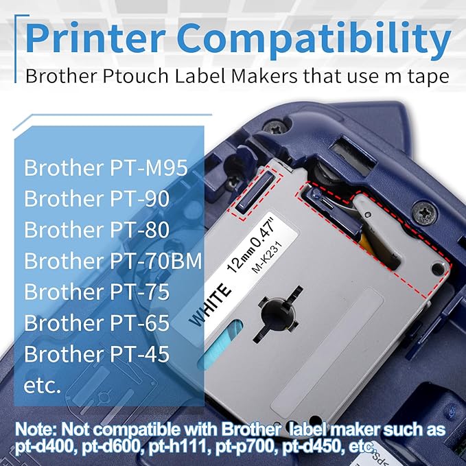 20 Pack Labelife M-K231 Label Tape Replacement for Brother P Touch M Tape 12mm 0.47 White M231 MK231 M-231 M-K231s Compatible for Brother Ptouch PT-65 PT-M95 PT-85 PT-75 Label Maker Refills