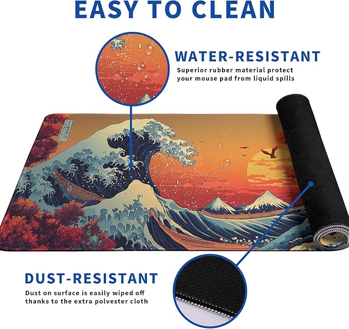 Japanese Gaming Mouse Pad Abstract Red Mouse Pad 31.5x11.8 Inch Red Sea Wave Texture Non-Slip Rubber Base Large Ocean Mousepad Stitched Edges Keyboard Mouse Mat Desk Pad for Office and Home