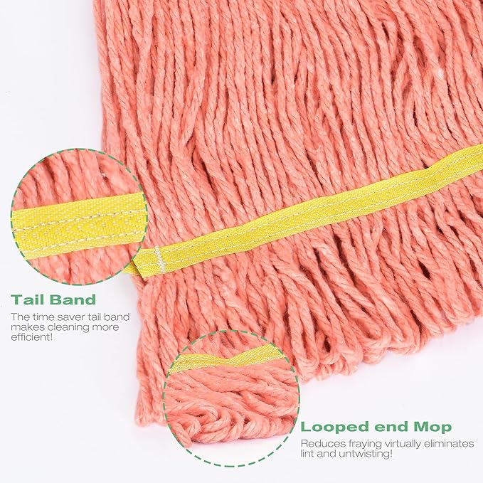 Matthew Cleaning Heavy Duty Mop Head Replacement, 5 Inch Wide Headband, Color Coded Looped End Cotton String Wet Mops for Floor Cleaning, Medium Size 18 oz, 8 Pack