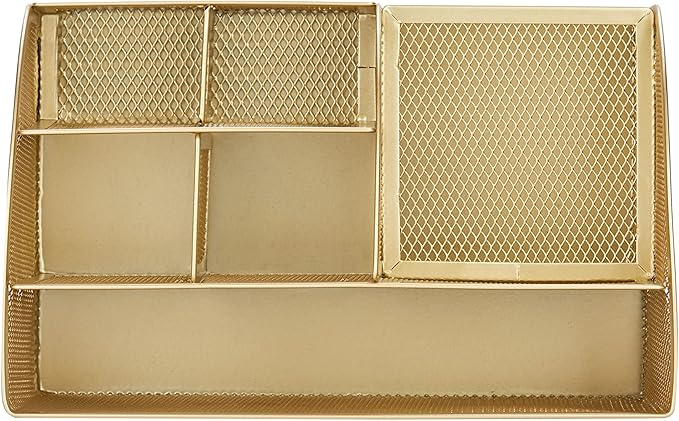 Annova Mesh Desk Organizer Office with 7 Compartments + Drawer/Desk Tidy Candy/Pen Holder/Multifunctional Organizer (Gold)