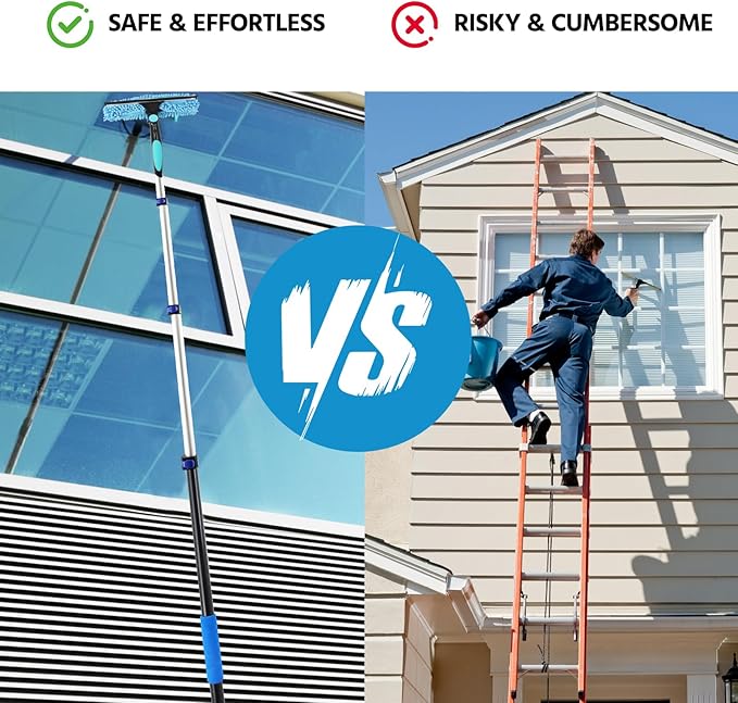 23FT High Reach Window Squeegee with Extension Pole, 2 in 1 Shower Squeegee for Glass Doors with 5-Stage 4-16.5 ft Telescoping Pole, Window Cleaner Tool for Shower Glass Home Car