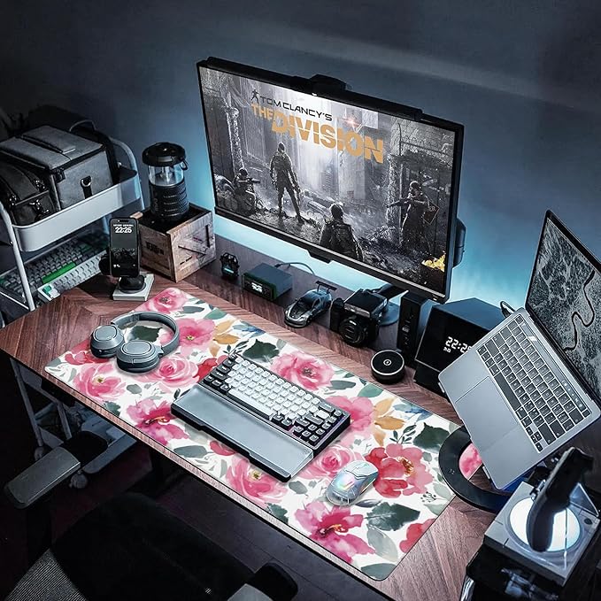 Large Gaming Mouse Pad for Desk,Watercolor Pink Flowers and Green Leaves Desk Mat for Desktop,Non-Slip Rubber Base Stitched Edge Long Computer Keyboard Mouse Mat Desk Pad for Home Office 35.4"X15.7"