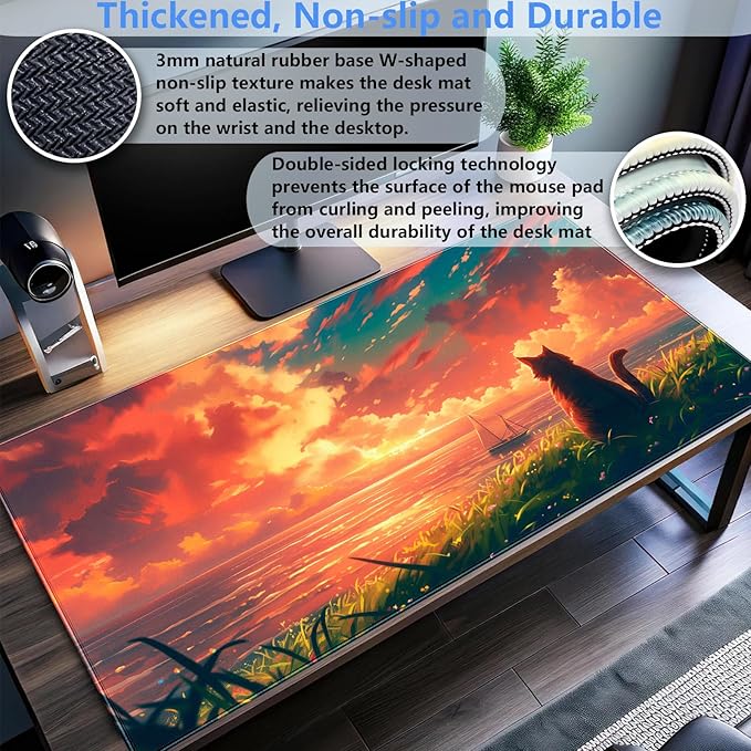 Cute Cat Anime Sunset Ocean Large Gaming Mouse Pad - 31.5x15.7 Inch XL Extended Desk Mat for Keyboard & Mouse, Kawaii PC Desktop Decor
