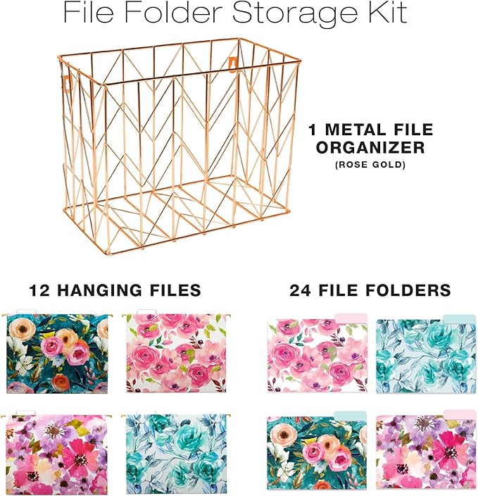 Global Printed Products Deluxe Designer Hanging File Folder Kit, Includes Metal Hanging Basket, 12 Hanging Folders, 24 File Folders, 1/3 Cut Tab, Assorted Positions, Letter Size (Floral)