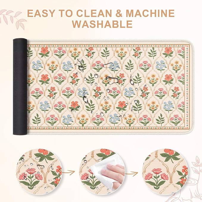 iCasso Large Mouse Pad,Floral Desk Mat,Non Slip Desk Pad,Computer Mats for Desktop, Gaming Mouse Pad 15.7X35.4 Inches,Comfortable Lycra Surface Keyboard Pad for Office Home School (Beige)