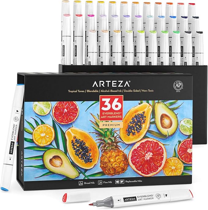 ARTEZA Alcohol Art Markers, Set of 36 Colors, Tropical Tones, Everblend Sketch Pens in Organizer Box, Dual Tips