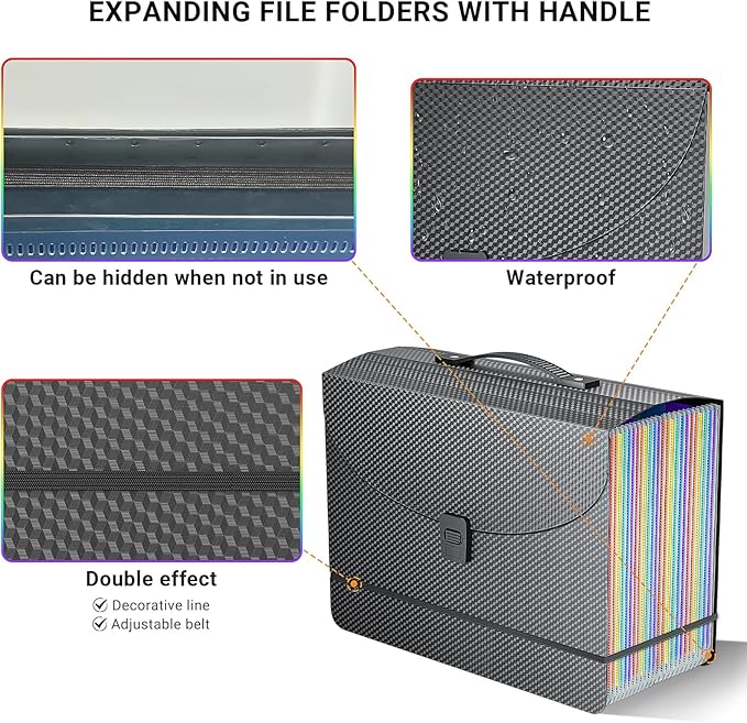 Expanding File Folders,Accordion File Organizer,25 Pockets Expandable File Folder with Plastic Handle,Portable Filing Box,Monthly Bill Receipt Paper and Document Organizer,Colored Tabs,A4/Letter Size