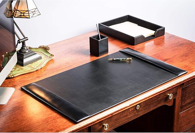 Dacasso Bonded Set Luxury Leather Desk Pad & Desk Organization Essentials, 3 Piece, Black