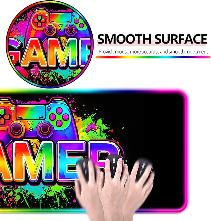 RGB Retro Black Gamer Gaming Desk Mat, Computer Keyboard Large Extended Long LED Mouse Pad for Office and Home, XL (W21)