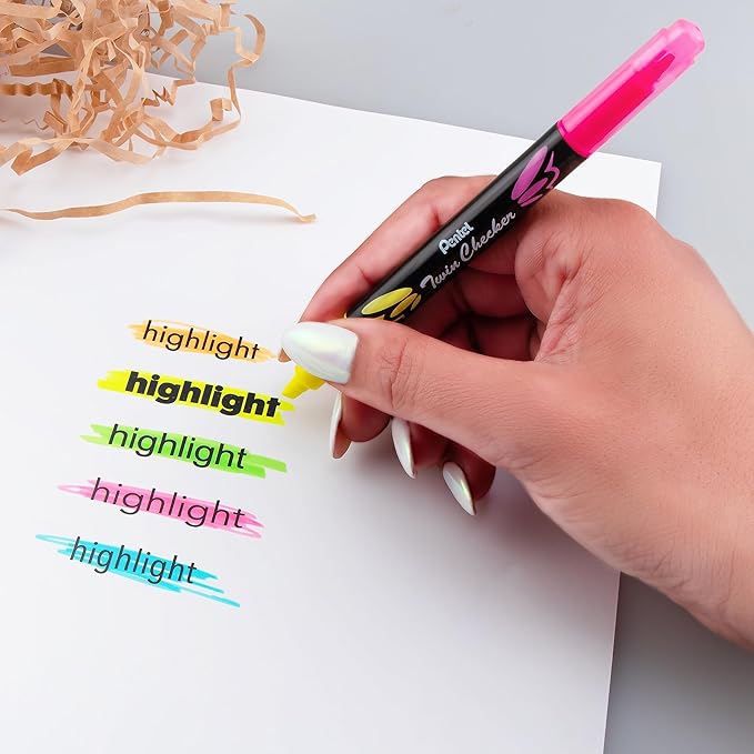 Pentel Twin Checker Dual-tip Highlighter, Chisel Tip, Yellow/Pink Ink, Pack of 12 (SLW8-GP)