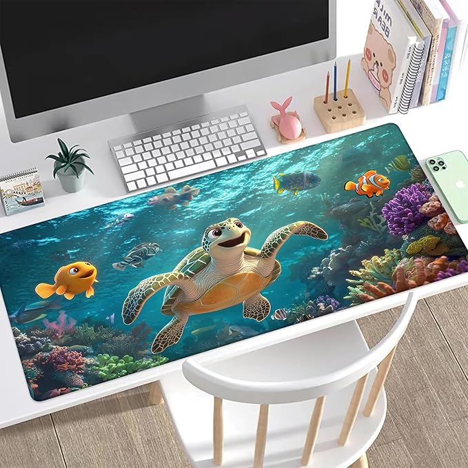 Desk Pad, Cute Cartoon Sea Turtle XXL Gaming Mouse Pad with Stitched Edges,Non-Slip Waterproof Rubber Base Large Desk Mat for Keyboard and Mouse 35.4"x15.7"