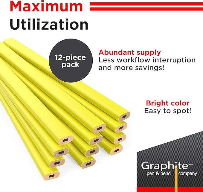 GRAPHITE Hard Lead Carpenter Pencil #2 Lumber Pencil (1) Pack of 12 PCS - Industrial Pencil Wood Flooring Marker for Wood Working Tools Marking & Concrete Marking - Neon Yellow