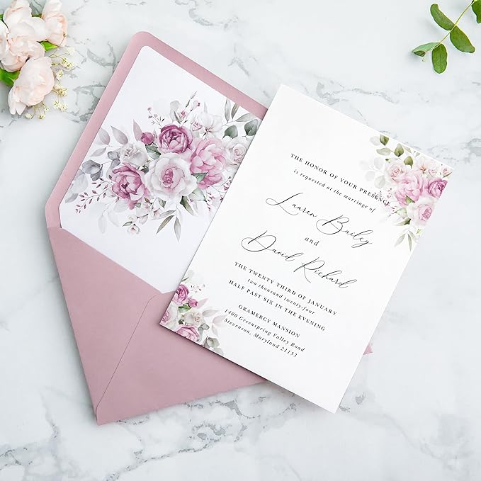 PONATIA 50PCS A7 Euro Flap Envelopes, 5.25 x 7.25'' Liner Envelope For 5x7'' Weddings Invitation Cards, Christmas Gift Cards, Acrylic Invitations, Photos (Dusty Rose)