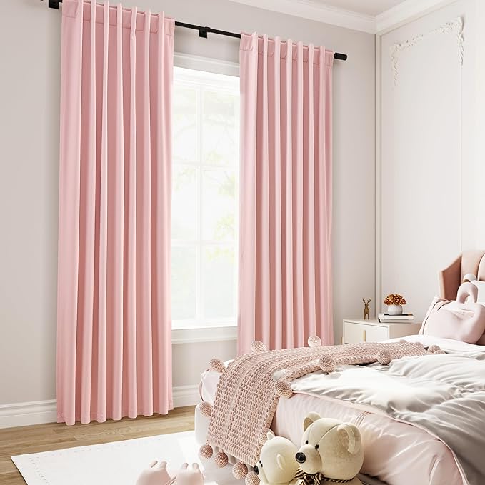 Nanspring Pink Linen Blackout Curtains 84 Inches for Bedroom Modern Farmhouse Living Room Draperies Cream Colored Thermal Insulated Full Shading Curtains for Sliding Door 52x84