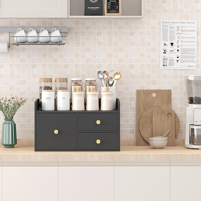 Bamboo Desk Organizer with Drawers Wooden Desktop Storage Drawers for Bills Office Supplies Kitchen Utensils Organizing Tool for Home Classroom Organization No Assembly (3 Drawer, Black)